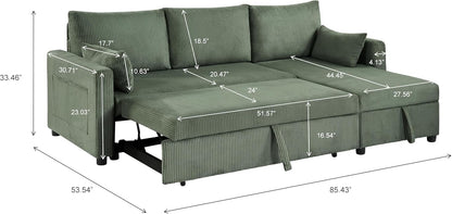 Trygoal Queen Sleeper Sofa, Convertible Sofa Bed with Storage, 85 Inch Sectional Couch with Pull Out Bed, L Shaped 3 Seat Sectional Sleeper Sofa for Living Room, Apartment, Green