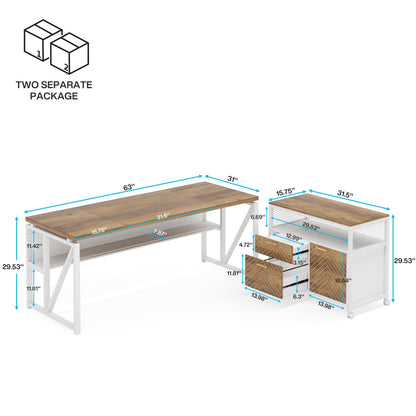 Tribesigns L Shaped Desk with Drawer,63" Executive Computer Desk and lateral File Cabinet, 2 Piece Home Office Furniture for Hanging File, Cabinet with Doors