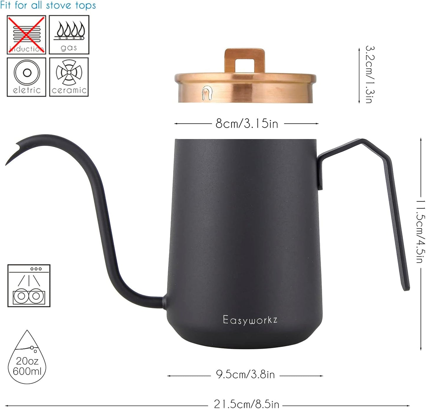 Easyworkz Gooseneck Pour Over Coffee Kettle, 20 oz Stainless Steel Hand Drip Pot with Long Narrow Spout (Rose Gold