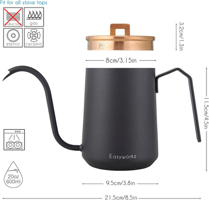 Easyworkz Gooseneck Pour Over Coffee Kettle, 20 oz Stainless Steel Hand Drip Pot with Long Narrow Spout (Rose Gold
