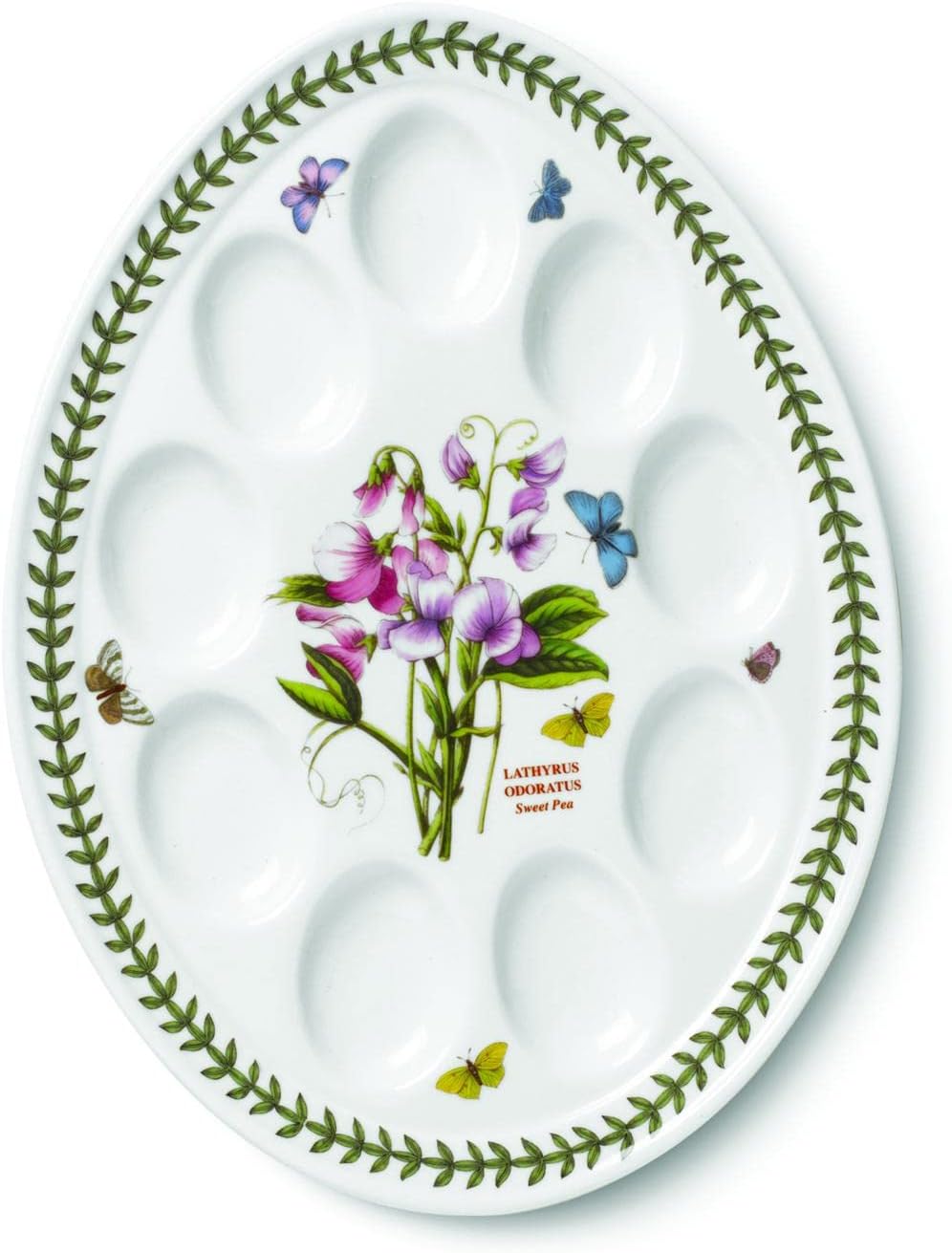 12-Inch Portmeirion Botanic Garden Ceramic Devilled Egg Dish - White with Floral Design - Laurel Leaf border - Classic