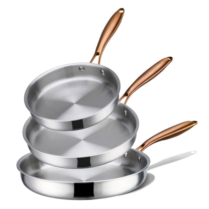CAROTE 3-Piece Tri-Ply Stainless Steel Frying Pan Set, Skillet Set 8"/10"/12", Induction Compatible, Oven & Dishwasher Safe, Gold Handle