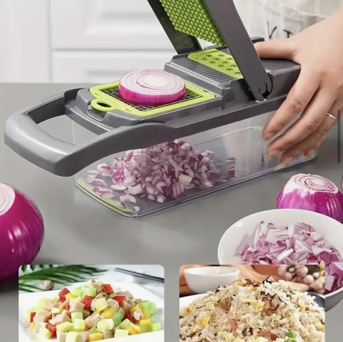 14 in 1 Vegetable Chopper Dicer with Container, Mandoline Slicer, Cheese Grater, Cabbage Shredder, French Fry Cutter, Stainless Steel Manual Hand Kitchen Gadget for Onion Potato Fruit