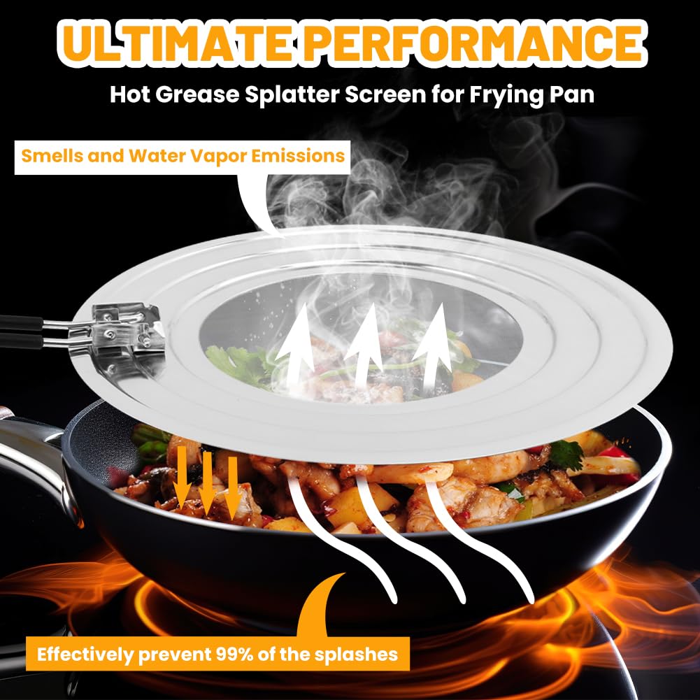 Stainless Steel Splatter Screen for Frying Pan, Collapsible Grease Splatter Guard with Folding Insulated Handle for Fry Pans, Cover Oil Splash from Bacon, Oil or Deep Fryer(SIZE:11.81inch)