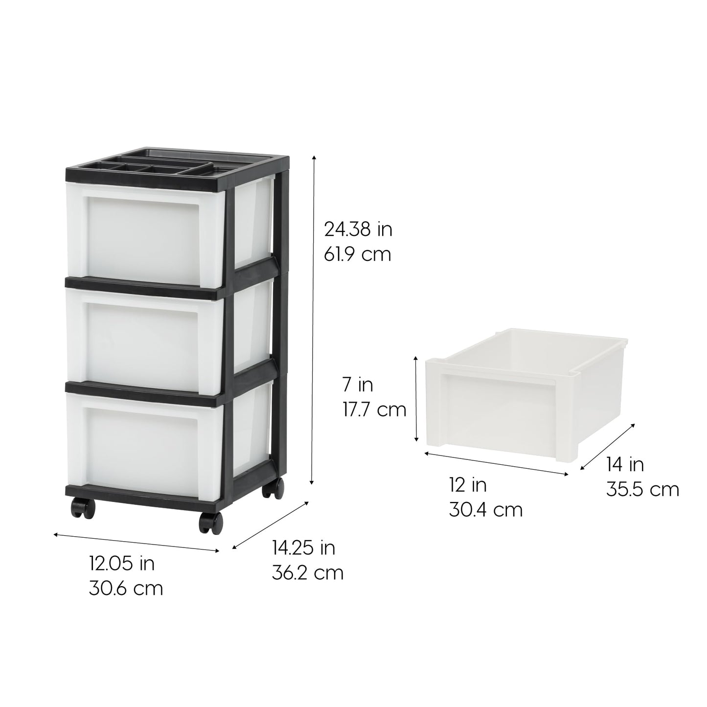 IRIS USA Plastic Drawer Storage Organizer Rolling Cart, with Wheels Casters, 3-Drawers, for Classroom Art Craft Supplies Dresser Closet Bathroom Laundry Room, Black/Pearl