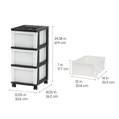 IRIS USA Plastic Drawer Storage Organizer Rolling Cart, with Wheels Casters, 3-Drawers, for Classroom Art Craft Supplies Dresser Closet Bathroom Laundry Room, Black/Pearl