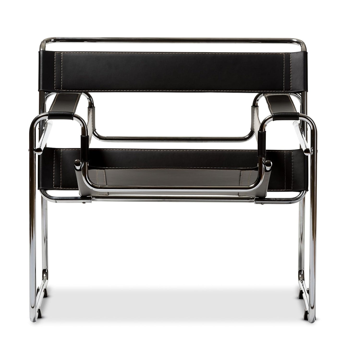 Baxton Studio Wassily Style Mid Centry Modern Accent Chair,Steel Frame and Faux Leather, Wide Seating