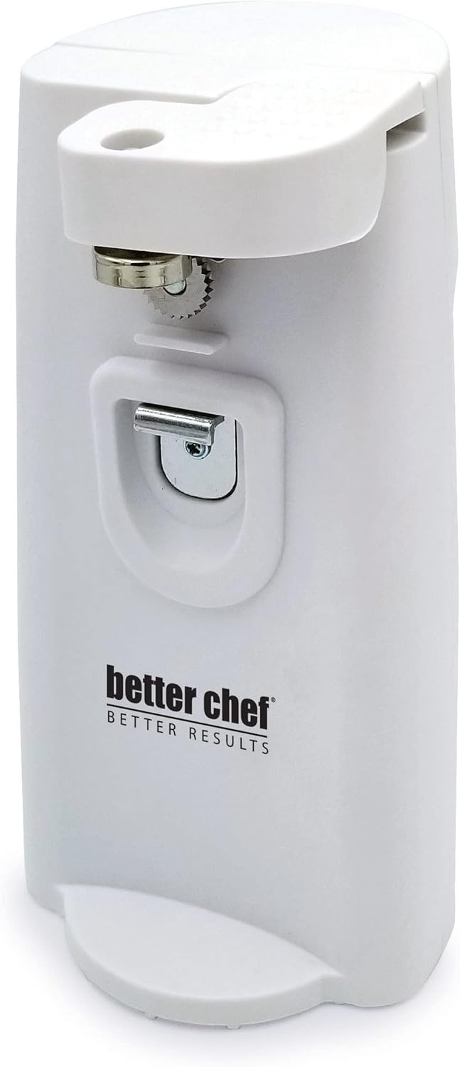 Better Chef Electric Tall Can Opener, 3-in-1 with Built-in Knife Sharpener & Bottle Opener, Auto-Stop (White)