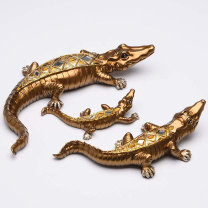 BRASSTAR Three Crocodile Statue, Resin Golden Royal Alligator Family Figurine, Home Office Art Decoration