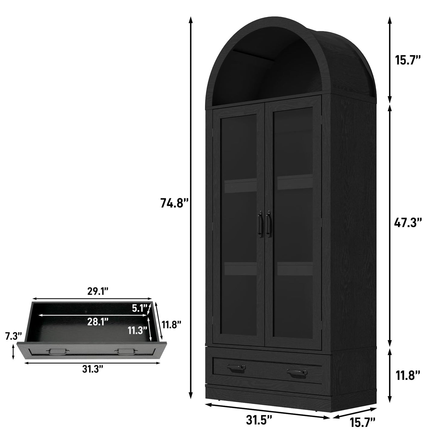 75" Tall Arched Kitchen Pantry Cabinet w Load-Bearing Steel Pipe,Modern Farmhouse Kitchens Storage Cabinet with Drawer and Glass Doors,Tall Arched Bookcase,Pantry Organizer(Woodgrain Black)