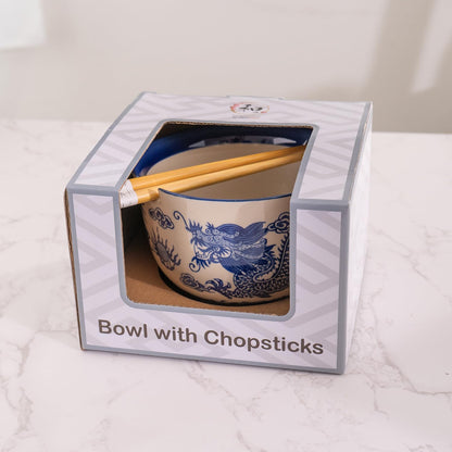 Urban Tokyo Handpainted Ceramic Glazed Japanese Ramen Udon Noodle Rice Bowl With Chopsticks 20 fl oz 5 inch Diameter Bowl Sets Color Box Packaging (Oriental Dragon Blue)