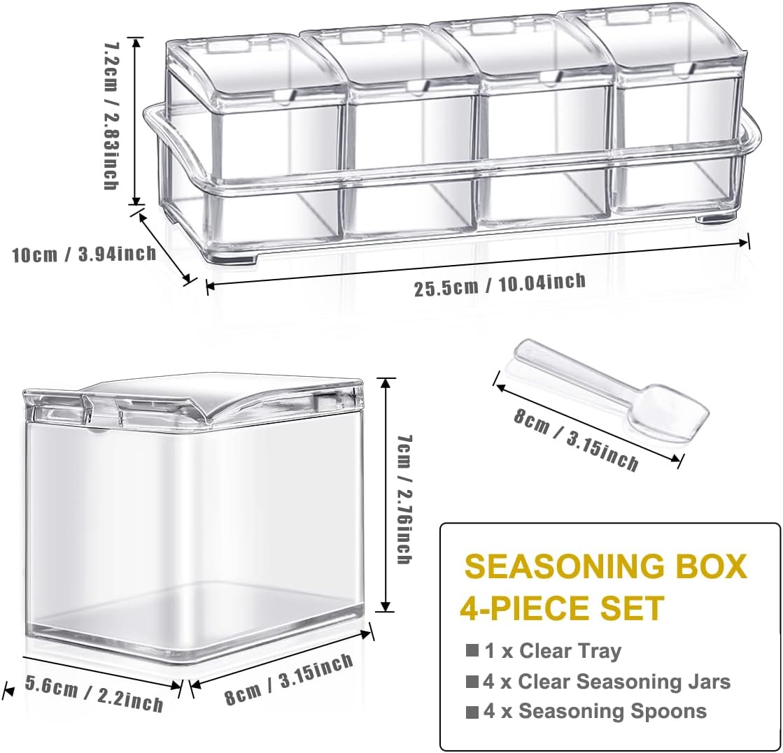 HANHAN Clear Seasoning Boxes, 4 PCS Acrylic Spice Shakers with Spoon, Lid & Tray for Kitchen Storage (Clear)
