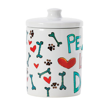Enesco Izzy and Oliver Stephanie Burgess Painted Peace Love Dog Food Jar Treat Container, 7.25 Inch, Multicolor
