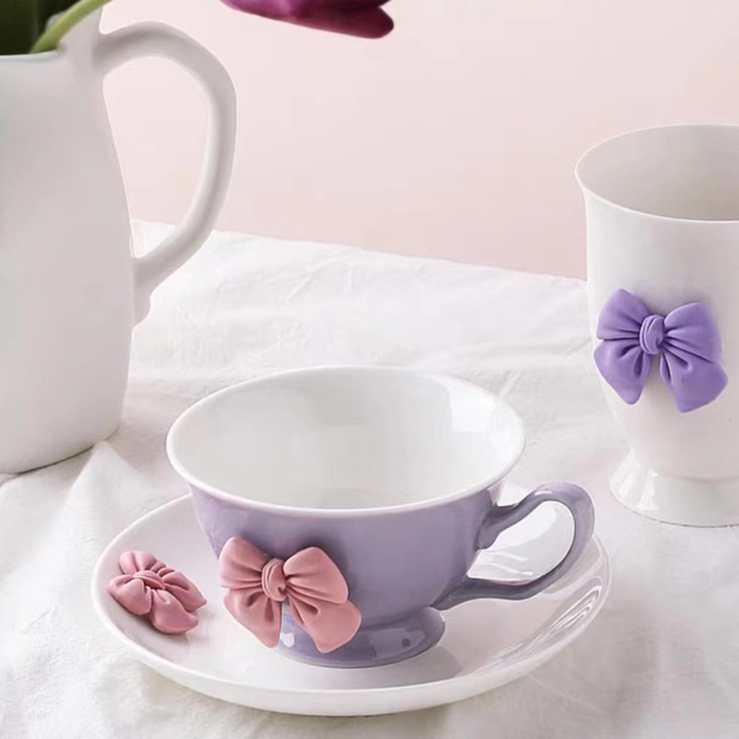 Disoza Bow Coffee Mugs Set with Saucer 200 ML Coquette Mug Porcelain Bow Cute Tea Cup Coffee for Women Girl