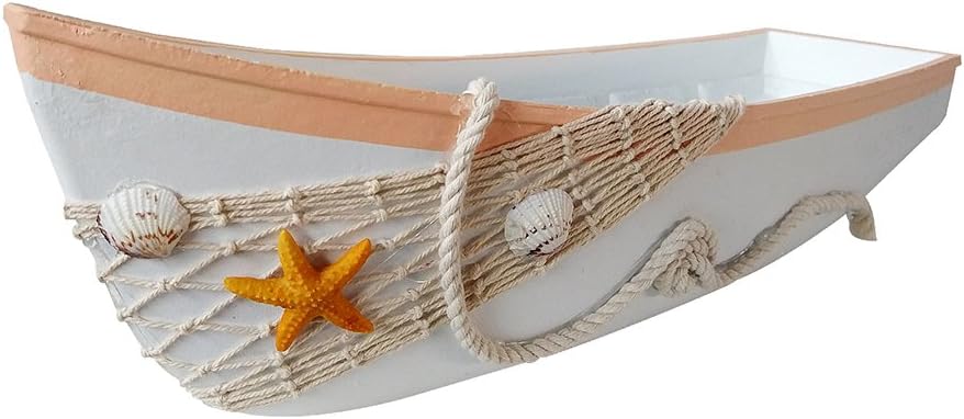 17''L, Beach Theme Display Tray with Star Fish, Sea Shell and Fish Net, White Wooden Nautical Boat Decor, Miniature