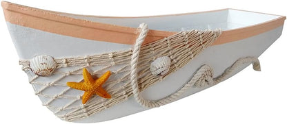 17''L, Beach Theme Display Tray with Star Fish, Sea Shell and Fish Net, White Wooden Nautical Boat Decor, Miniature