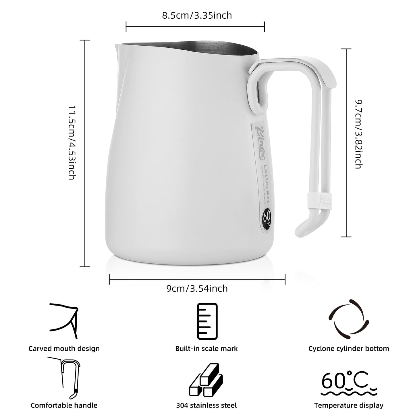 Bincoo Espresso Milk Frothing Pitcher Stainless Steel 20oz/600ML Coffee Milk Frother Cup-Milk Frothing Pitcher with Measurement Lines,Ergonomic Handle for Latte Art & Cappuccino(White)