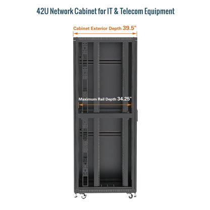 Tecmojo 42U Server Rack Network Cabinet 39.4" D x 23.6" W, Locking Data Cabinet Enclosure for 19" Server, Networking, AV & IT Equipment, Mesh Door, Black