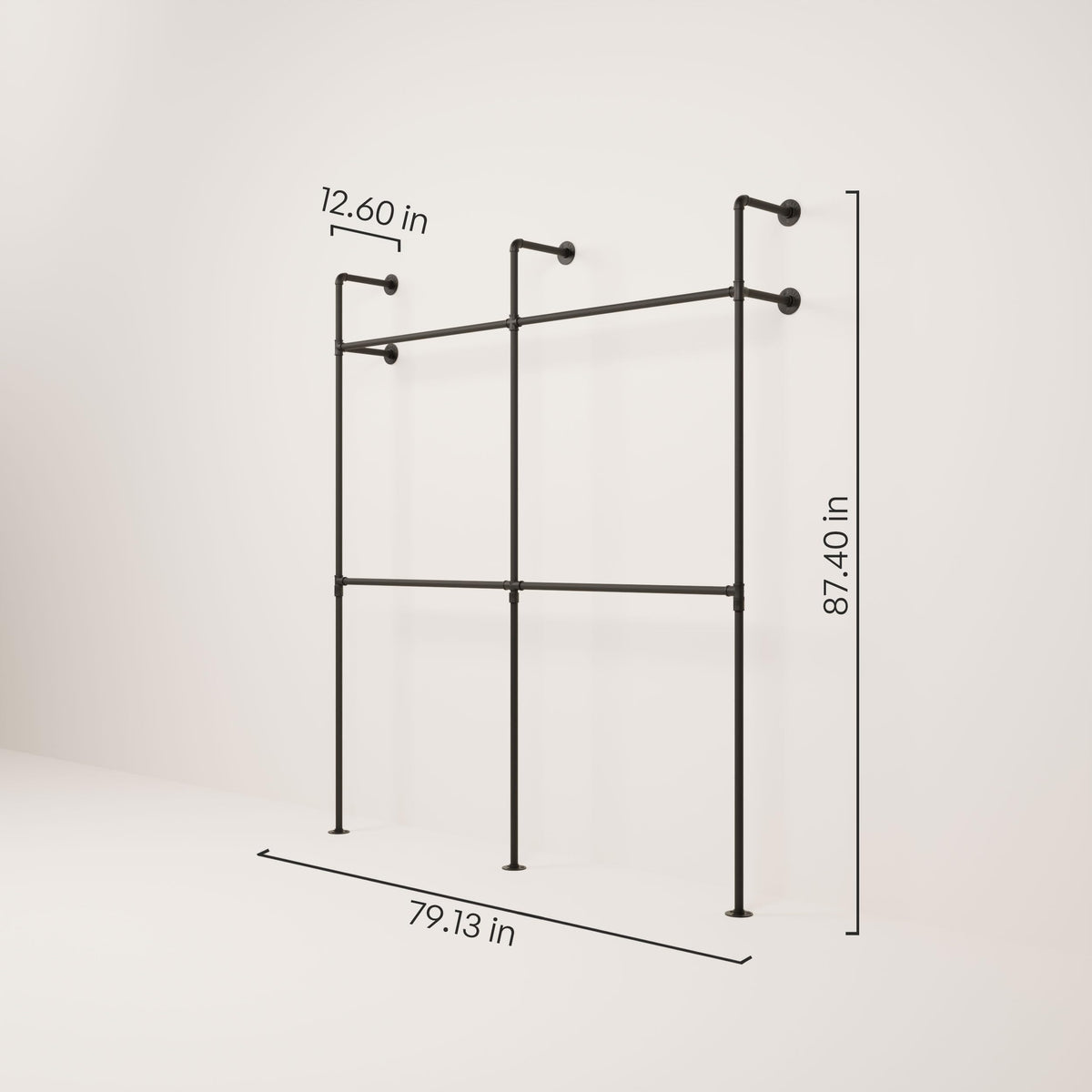 pamo Industrial Pipe Clothing Rack – Wall Mounted Black Closet System in Powder-Coated Steel – 79.13" W × 87.4" H – Easy Setup – Ideal for Walk-In Closets & Retail Use