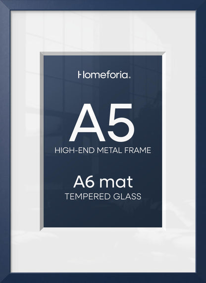 Homeforia A5 Navy Blue Frame, High End Metal 5.8 x 8.3 Picture Frames Matted to 4.1 by 5.8 inch Art, A5 Display Photo Frame with Mat A6, 5.8x8.3 Blue Poster Frames, Tempered Glass, Wall Kit, Set of 1