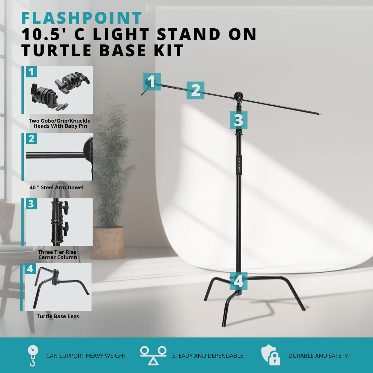 Flashpoint Turtle Base C-Stand and Cross Arm Boom Kit (Black, 10.5')