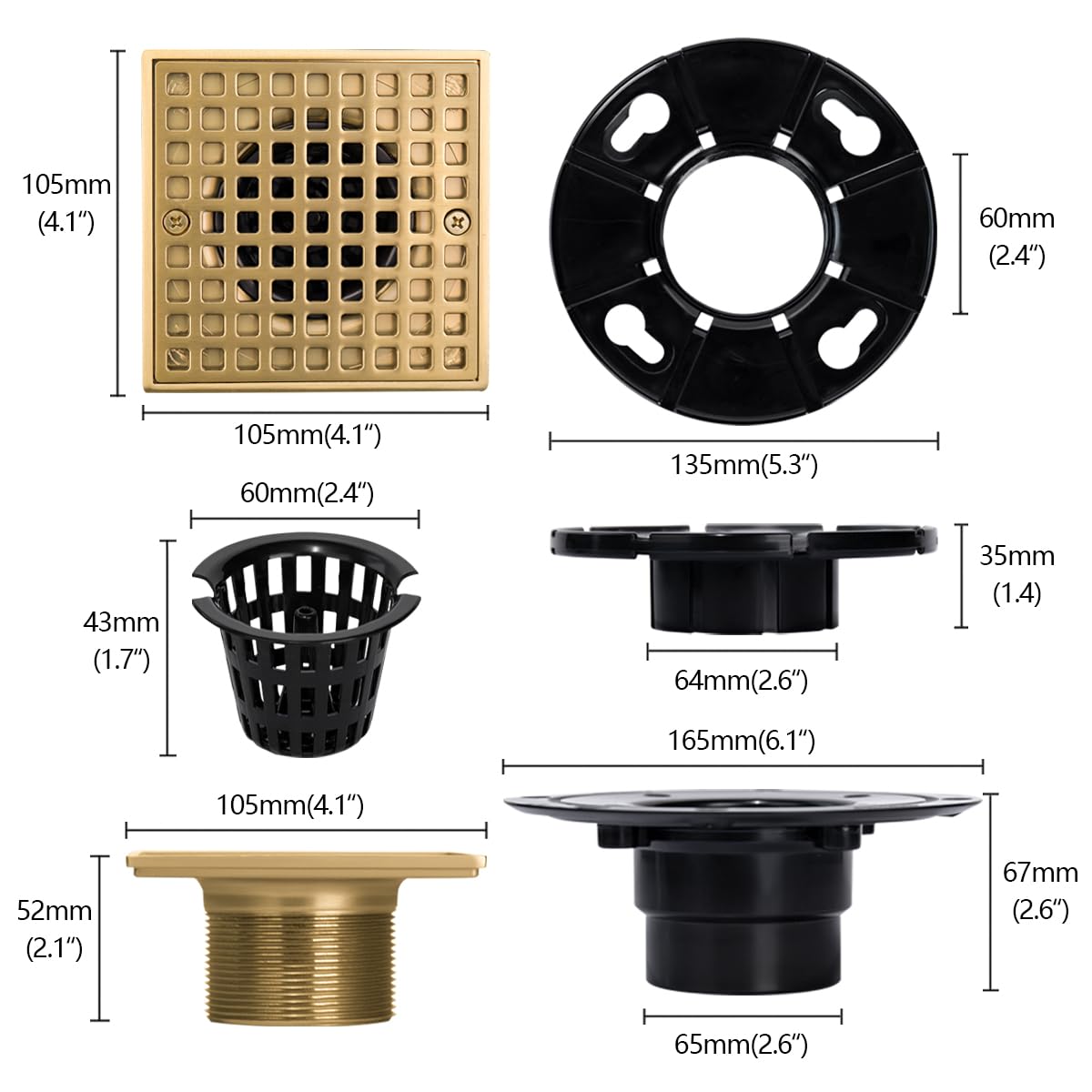 Uni-Green Champagne Bronze Shower Drain 4-1/4 Inch - Square Gold Shower Drain Kit with ABS Flange for 2" or 3" Pipe - Low Profile 304 Stainless Steel Shower Floor Drain Kit with Hair Carcher