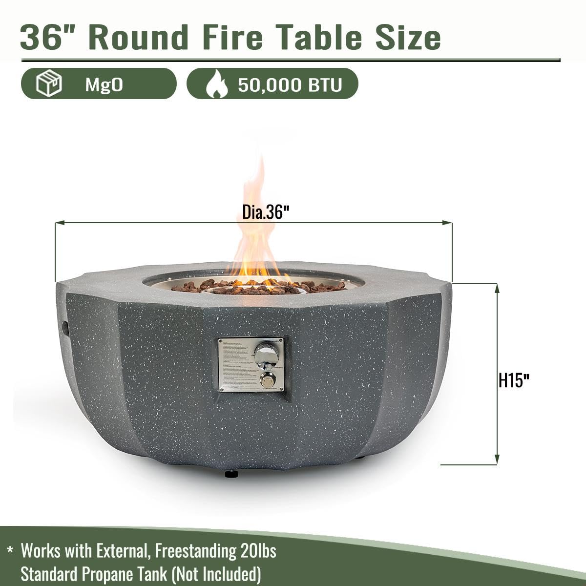 36 Inch Propane Fire Pit Table 50000 BTU Round Concrete Gas Fire Table with Lid Outdoor Patio Firepit for Deck Garden Backyard, Gray
