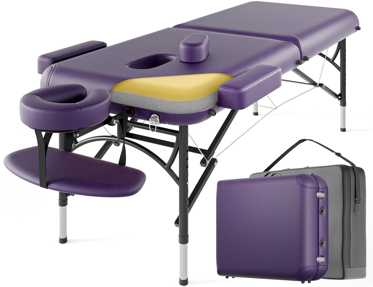 DOVANS Professional Massage Table Portable 2 Fold Premium Memory Foam Aluminium Leg Hold Up to 1100LBS 8 Heights Adjustable with Carrying Bag Violet