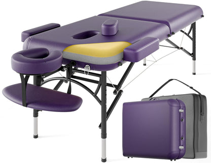 DOVANS Professional Massage Table Portable 2 Fold Premium Memory Foam Aluminium Leg Hold Up to 1100LBS 8 Heights Adjustable with Carrying Bag Violet