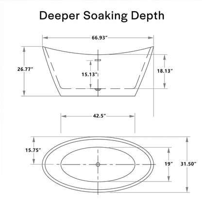 67" Luxury Freestanding Bathtub - Deep Soak Acrylic Tub for Master Bathroom, Modern Standalone Shower Tub with Overflow Drain, Non-Slip Flat Bottom Design, Spa Experience at Home,cUPC Certified