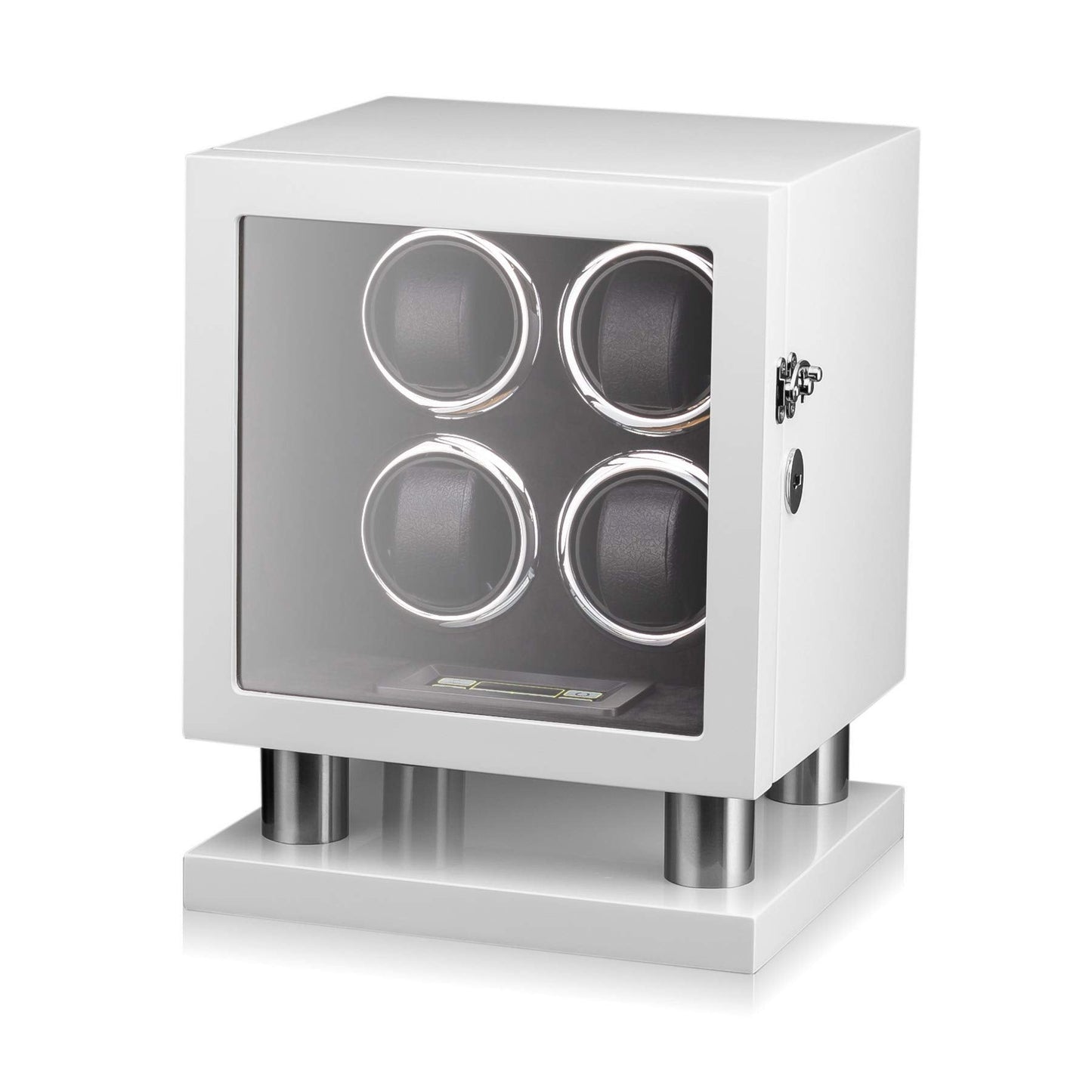 Watch Winder for 4 Watches with LED Backlight, LCD Display and Motor-Stop Option (White & Black)