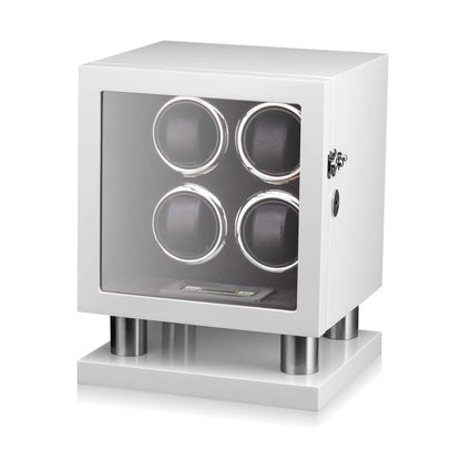 Watch Winder for 4 Watches with LED Backlight, LCD Display and Motor-Stop Option (White & Black)