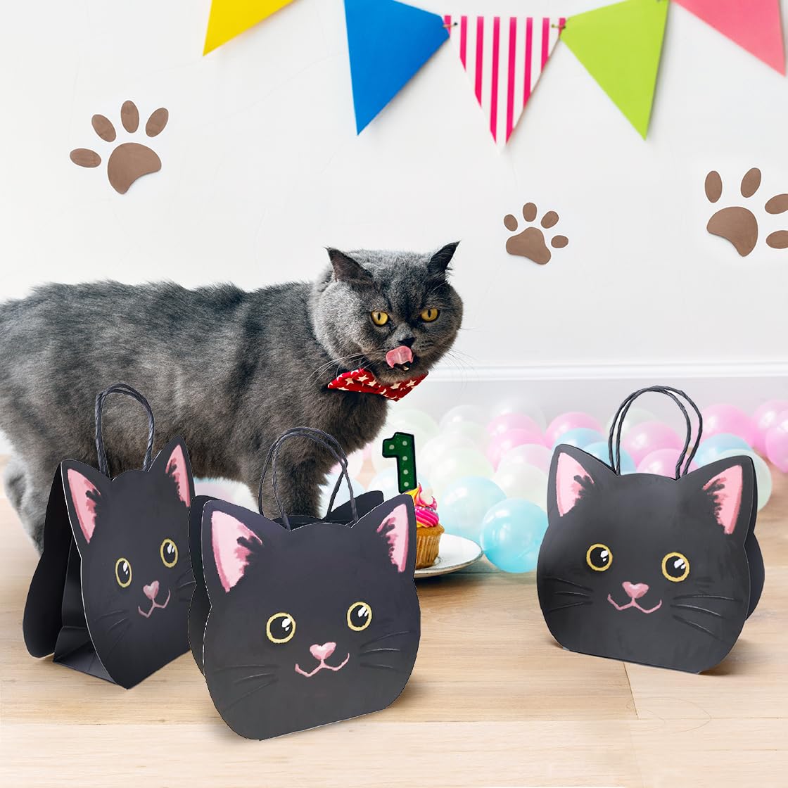 Cheerland Black Cat Birthday Decorations Black Cat Gift Bags Halloween Themed Witch Goodie Bags Party Favors Treat Bag Summerween Witchy Accessory Party Decoration Cute Kitten Gift Supplies 8 Pcs