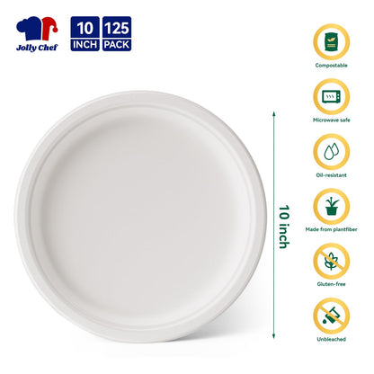 JOLLY CHEF Compostable Heavy Duty Plates 𝟭𝟬 𝗜𝗻𝗰𝗵 [𝟭𝟮𝟱 𝗣𝗮𝗰𝗸] Eco-Friendly Disposable White Paper Plates Made of Bagasse Biodegradable for Party Dinner Sugarcane Fibers Thanksgiving Day