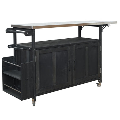 Outdoor Kitchen Island Cart with Foldable Stainless Steel Top, Rolling Grill Table with Adjustable Shelf Storage Spice Rack and Towel Holder, Wooden BBQ Prep Station with Lockable Wheels, Black