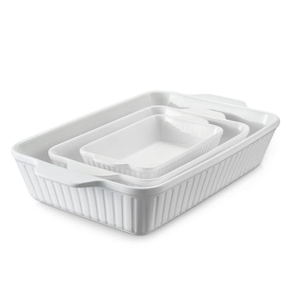 DOWAN Casserole Dishes for Oven, Baking Dishes Set, Ceramic Bakeware Sets of 3, Lasagna Pan Deep, Rectangular Baking Pan Set with Handles for Baking, Casserole, Kitchen, Wedding Gift, Soft White (15.6''/12.2''/8.9'')