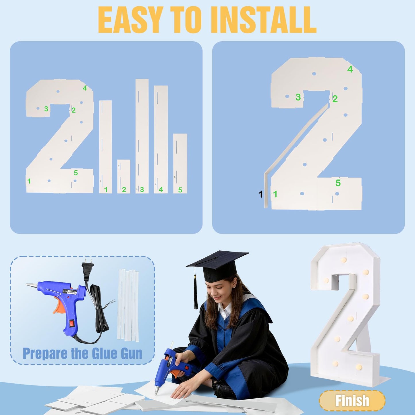 Froova 26 Light Up Numbers Marquee 4.3 FT for 2026 Graduation Decorations Graduation Cap White Large Mosaic Number Lights Sign Cardboard Pre-Cut Frame for Class of 2026 High School College Grad Party