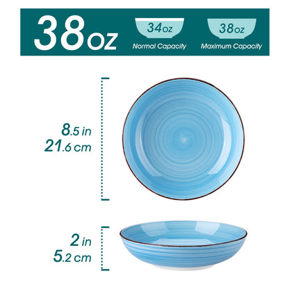 vancasso Bonita 38 oz Ceramic Pasta Bowls Set of 6, Microwave & Dishwasher Safe, 8.5 Inch Elegant Shallow Bowls Set for Pasta, Salad, & Soup – Large Capacity Pasta Plates Sets, Blue
