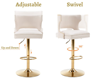 EALSON Leather Bar Stools Set of 2 Swivel Counter Height Barstools with Back Adjustable Bar Chairs with Gold Base Modern Upholstered Kitchen Island Stools for Home Bar Dining Room, PU Beige