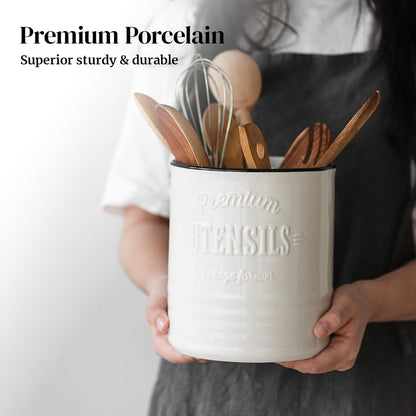 DOWAN 7.2″ Extra Large Kitchen Utensil Holder, Farmhouse Utensil Holder for Countertop, Ceramic Utensil Crock with Protection Cork Mat, Utensil Organizer for Kitchen Decor & Housewarming Gift, White