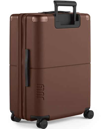 July Checked Expandable - 24.5" Airline Approved Check In Luggage with Wheels, Spinner Suitcase for Men & Women - TSA Lock Rolling Suitcase, Spinner Wheels, Expansion Zip, Y-Strap - Dark Brown