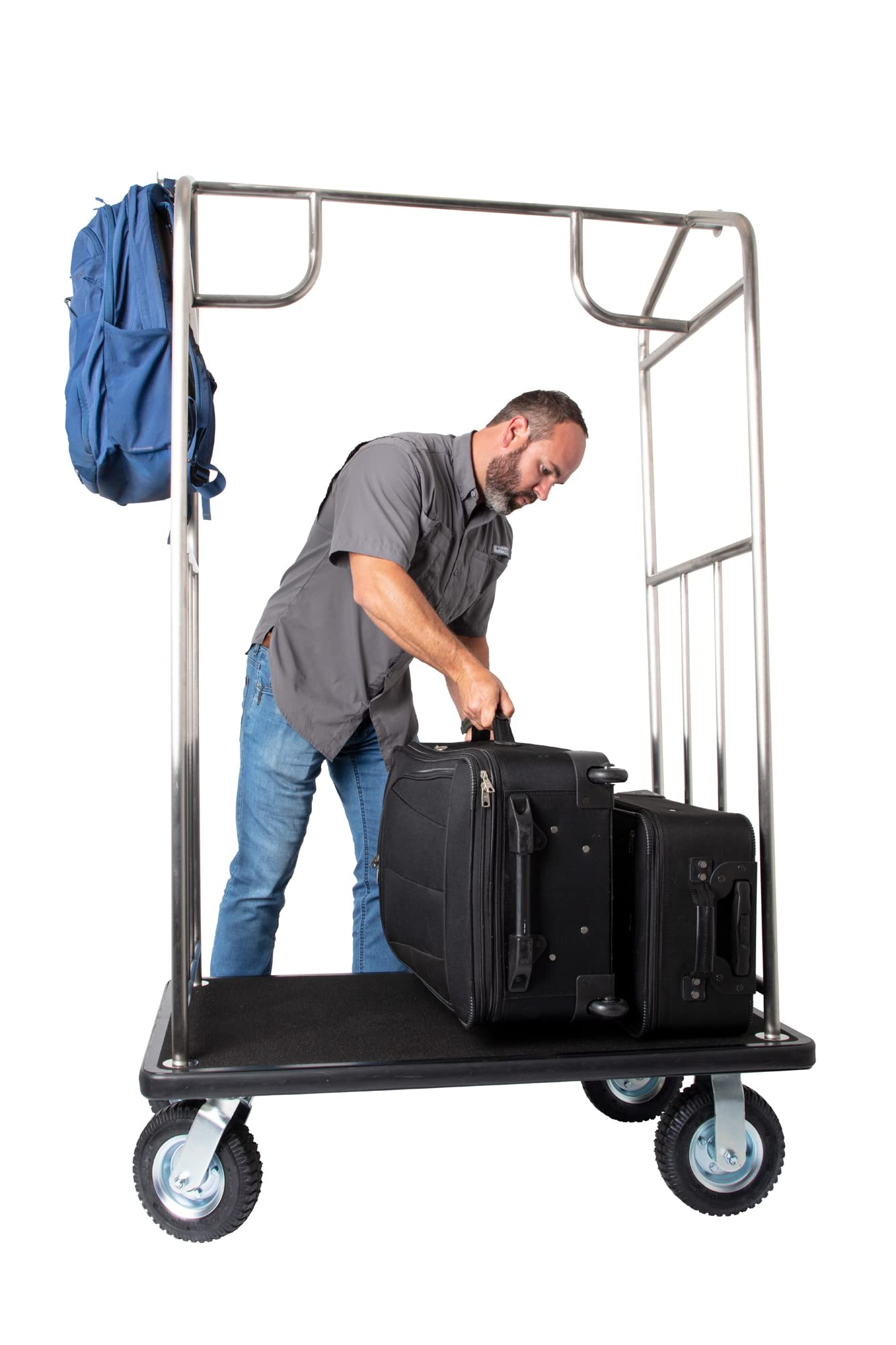 Wholesale Hotel Products Stainless Steel Luggage Cart – 800lb Capacity – Bellman Cart w/ 6” Air Filled Tires & Black Carpet, for Hotel, Resorts, Condos, Commercial Use (Value Valet Series)
