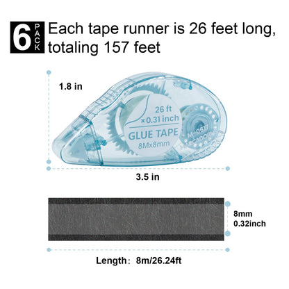MARCADORUS Double Sided Tape for Crafts, Pack of 6 Glue Tape Roller, 26 Ft x 0.31 in Scrapbook Tape, Tape Runner for Scrapbooking Supplies, Office, School, Craft Supplies and Journaling Supplies.