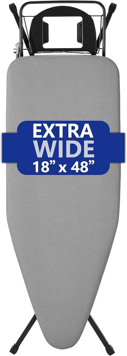 BKTD Extra-Wide Ironing Board - 48"×18" Large Surface with Built-in Clothes Rack & Adjustable Height - Black Grey