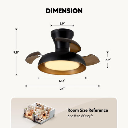 APBEAMLighting 23 Inch Black and Gold Ceiling Fan with Light and Brown Retractable Blades Small Led Light Fixture Ceiling Modern Fandelier Fan Lights Cei ling Fixtures for Bedroom Dining Room Kitchen