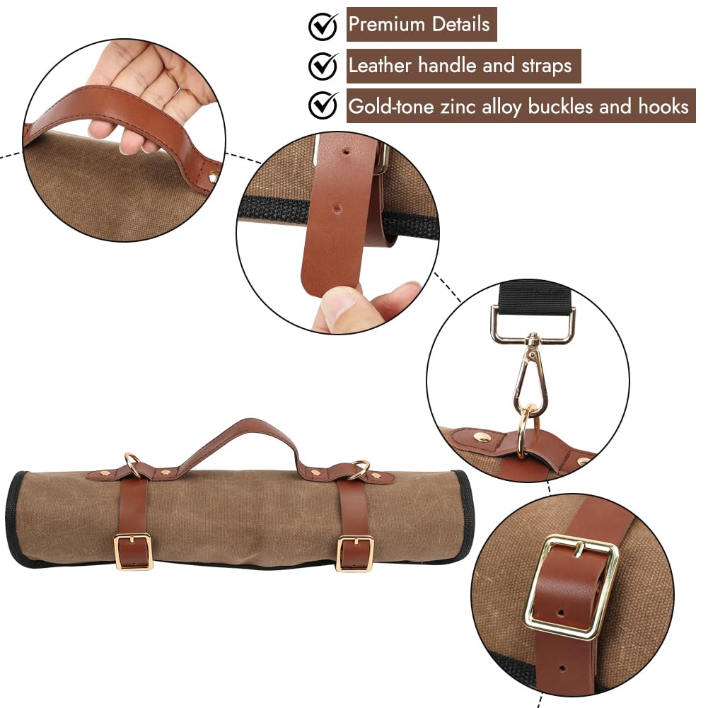 JOINDO Knife Roll with Leather Straps and Metal Buckles, Double Layer Waxed Canvas Knife Bag, Large Chef Knife Bag with Handle and Shoulder Strap