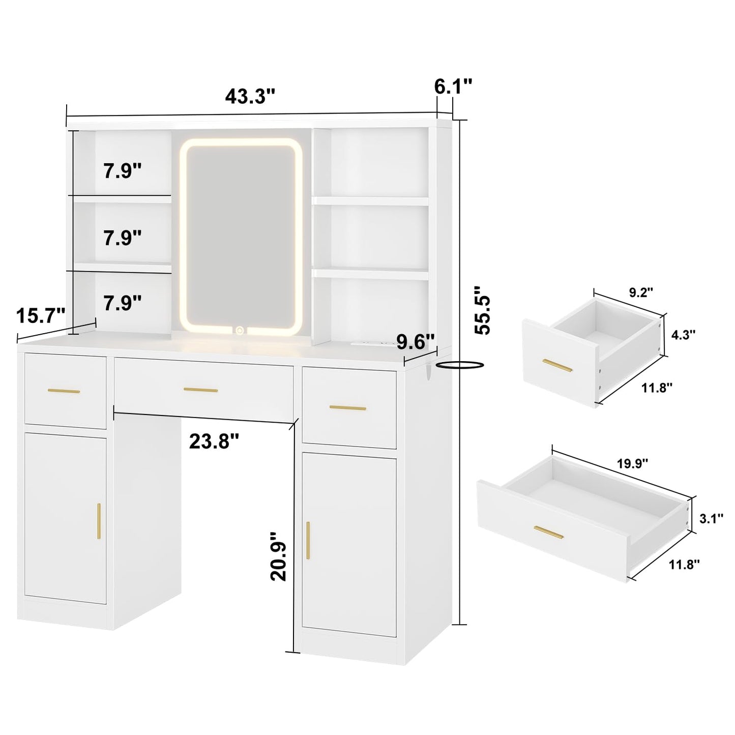 knoworld Vanity Desk with Sliding Mirror & LED Lights, Smart Makeup Table with Charging Station, Hairdryer Holder, 7 Shelves, 3 Drawers, 2 Cabinets, Vanity with Extra Hidden Stroage for Bedroom,White