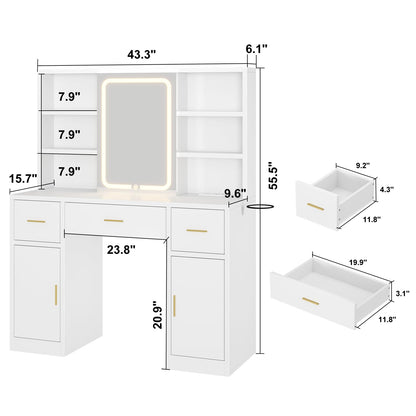 knoworld Vanity Desk with Sliding Mirror & LED Lights, Smart Makeup Table with Charging Station, Hairdryer Holder, 7 Shelves, 3 Drawers, 2 Cabinets, Vanity with Extra Hidden Stroage for Bedroom,White