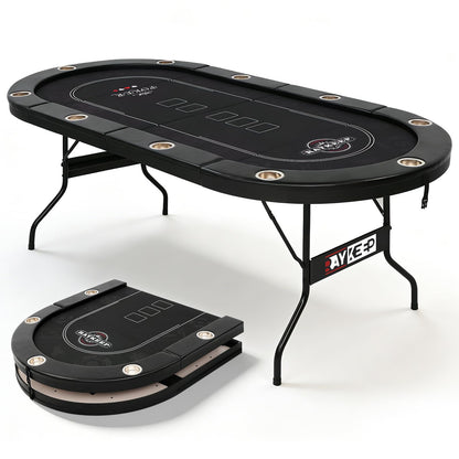 RAYKEEP 84" Poker Table for 10 Players, Foldable Texas Holdem Table with Padded Rails & 10 Cup Holders, Portable Casino Board Game Table for Game Room, Blackjack, Party (Black)