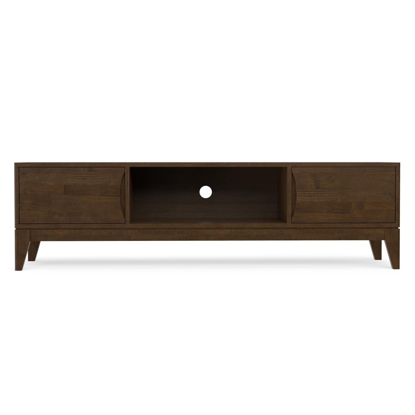 SIMPLIHOME Harper TV Stand - 72 inch Wide Solid Wood Low Media Console in Walnut Brown, Mid Century Modern Entertainment Center for Living Room for TVs up to 80 Inches with Shelf and Cord Management